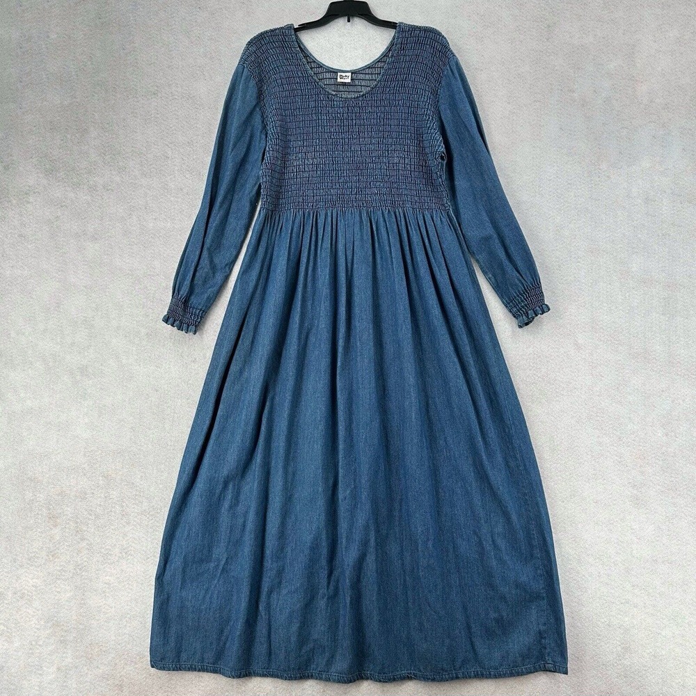 Vintage‎ Pinky West Denim Maxi Dress Long Sleeve Modest Prairie 90s 80s Smocked